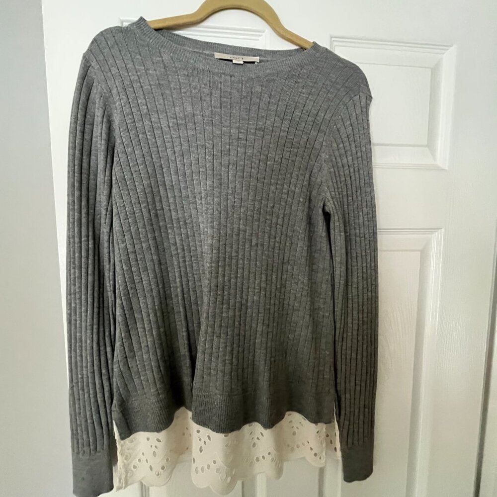 Loft Grey with cream eyelet ruffle on hem line sweater